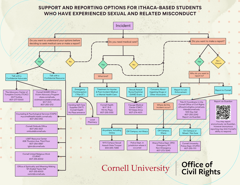 A complex flow chart detailing support and reporting options for Ithaca-based students who have experienced sexual and related misconduct. Please contact Cornell's Title IX Office for details or clarification.